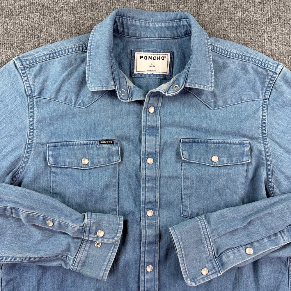 Poncho Outdoors Denim Pearl Snap Shirt Mens L Blue Slim Fit Western Long Sleeve